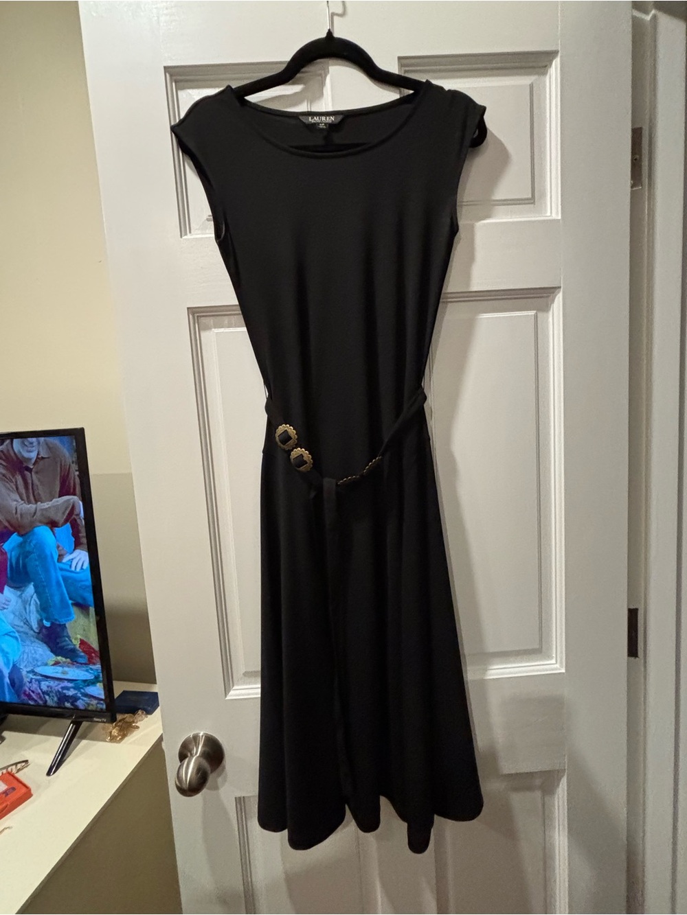 Lauren Ralph Lauren Black Midi Dress with Decorative Chain Belt